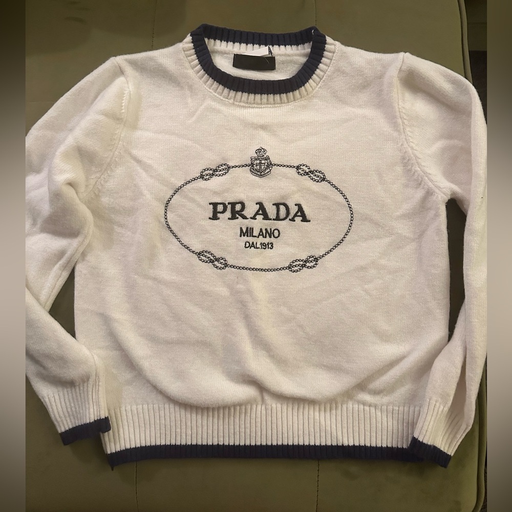 Prada White and Navy Crewneck Sweater for Women